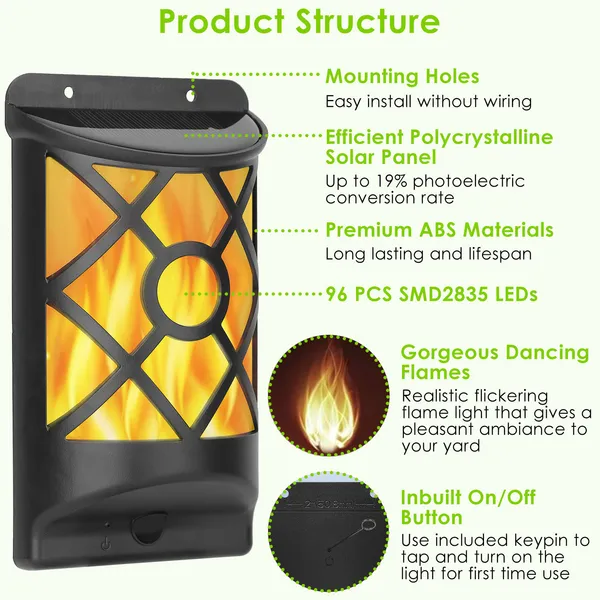 Flickering Flame Solar Wall Light - 96 LEDs, Waterproof Outdoor
