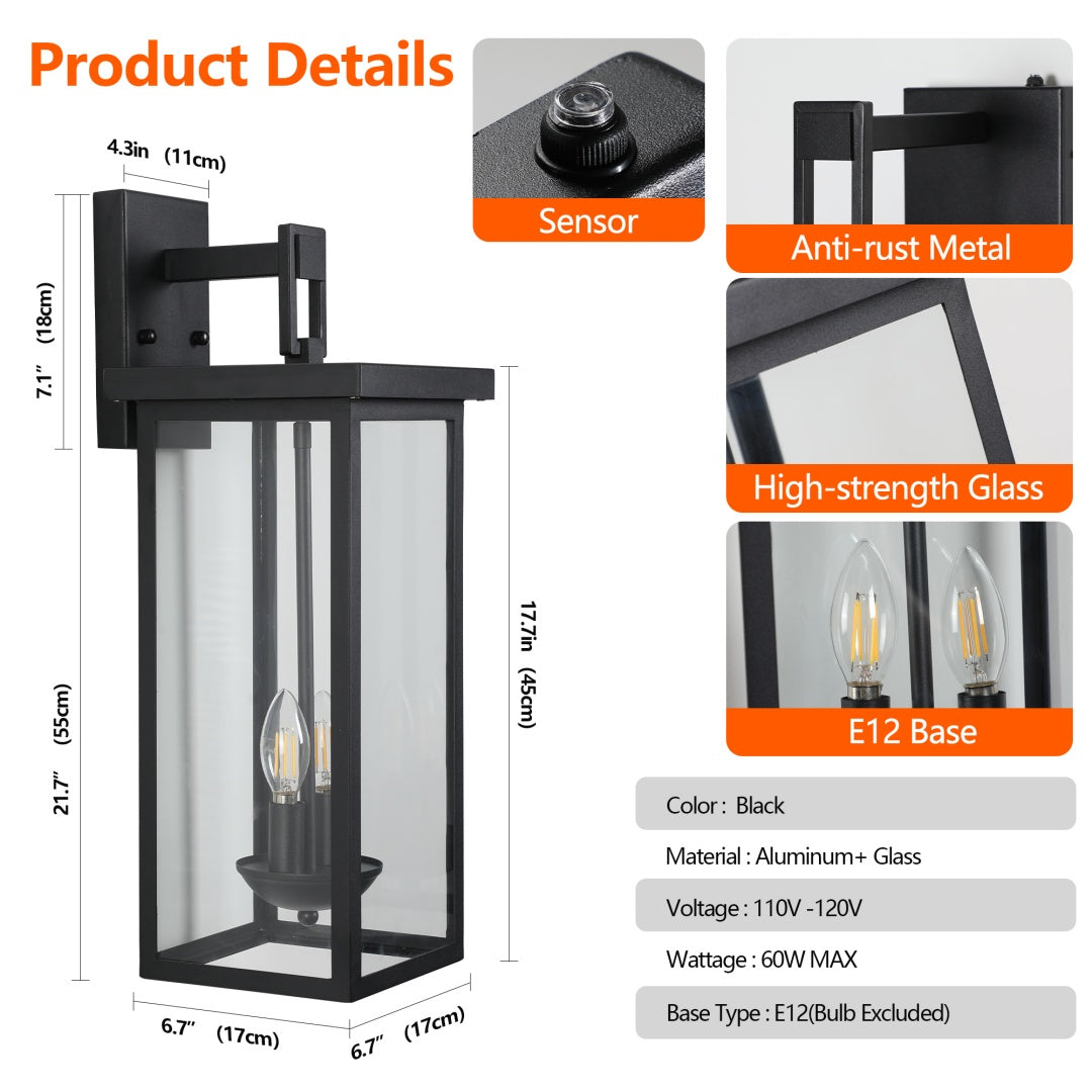 Outdoor Wall Lantern with Dusk-to-Dawn Sensor - Matte Black, 22in