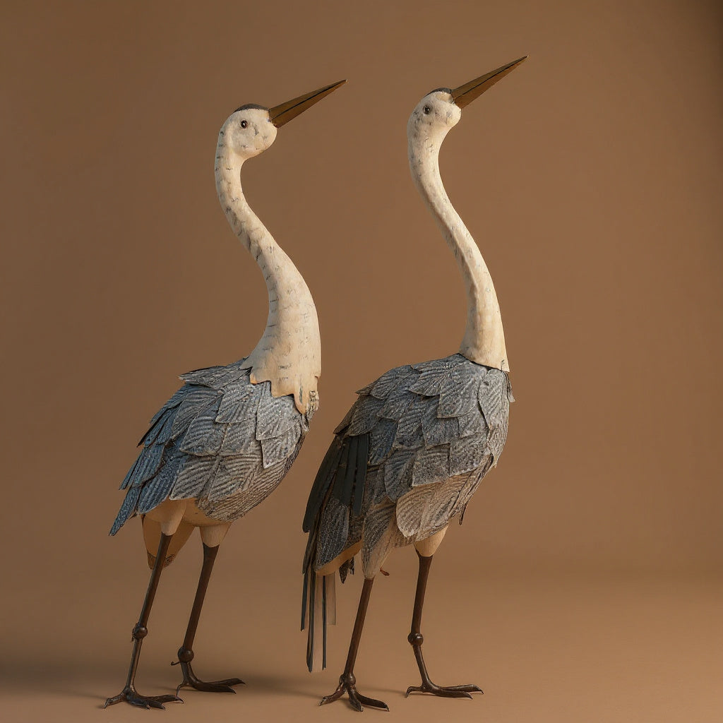 Crane Garden Statues 2-Piece Set - Steel Yard Art, Rust-Resistant