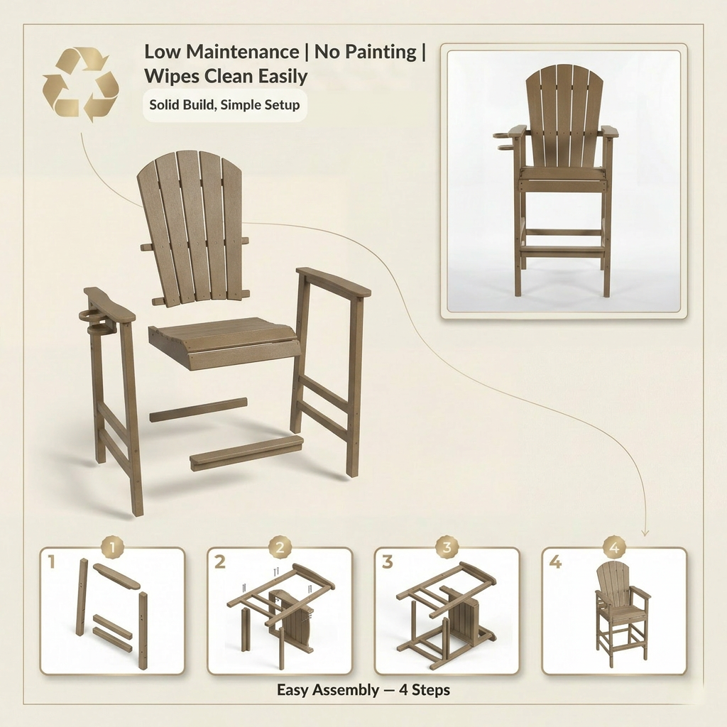HDPE Adirondack Bar Chair with Cup Holder - All-Weather Patio