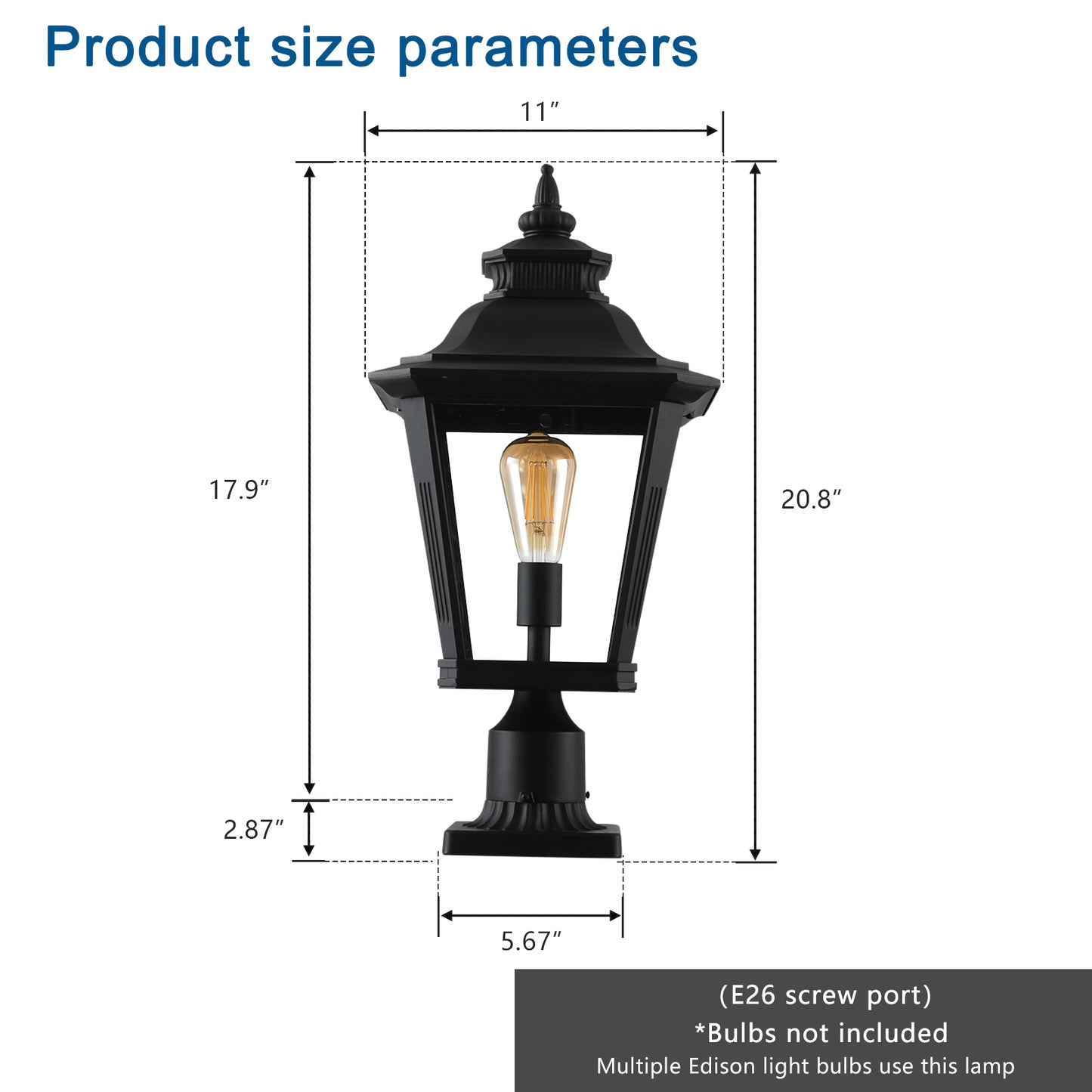 Outdoor Post Lantern 21in - Vintage Black Metal Pillar Light