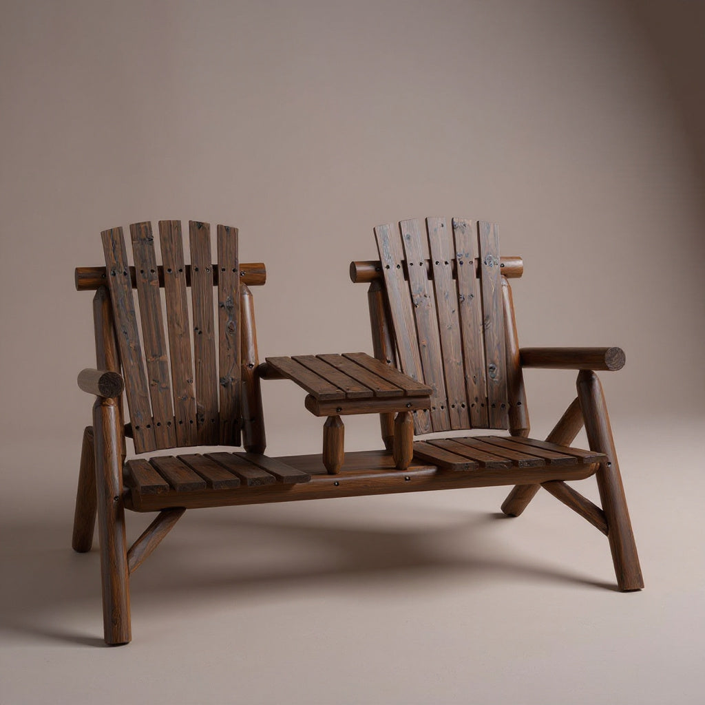 Adirondack Patio Chair Bench with Center Coffee Table - Fir Wood