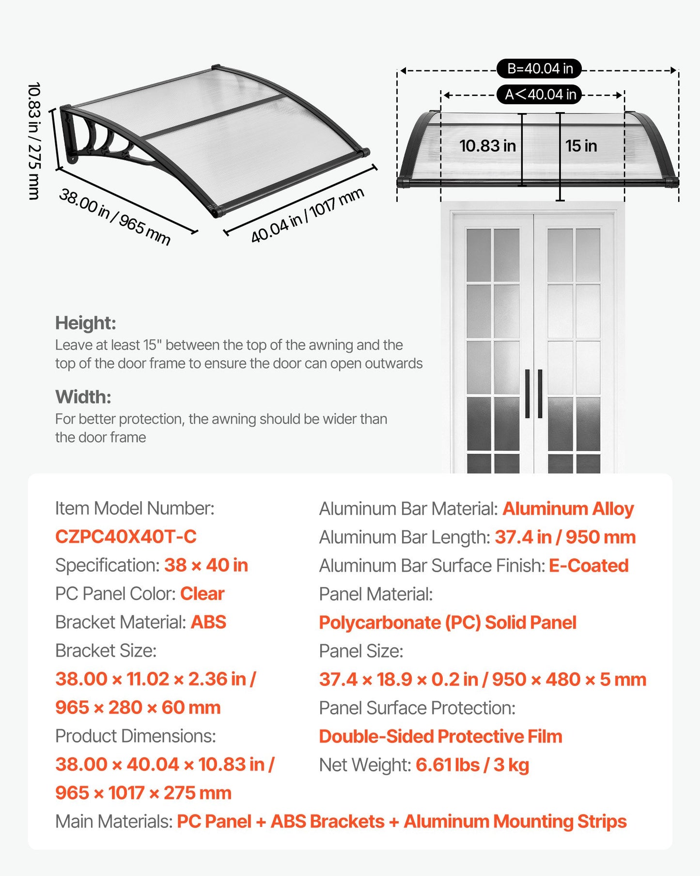 Door Entrance Awning - Exterior Front Door Window Canopy with Drainage