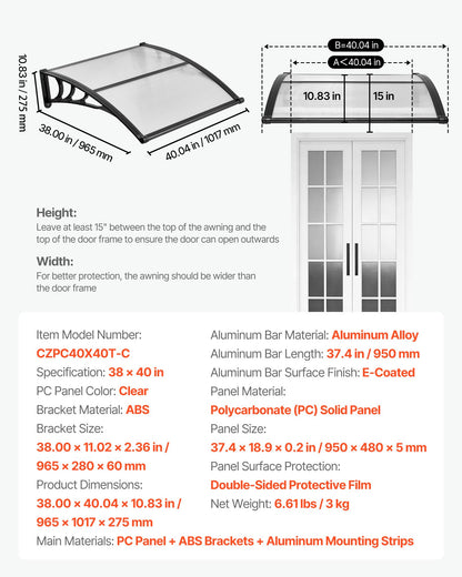 Door Entrance Awning - Exterior Front Door Window Canopy with Drainage