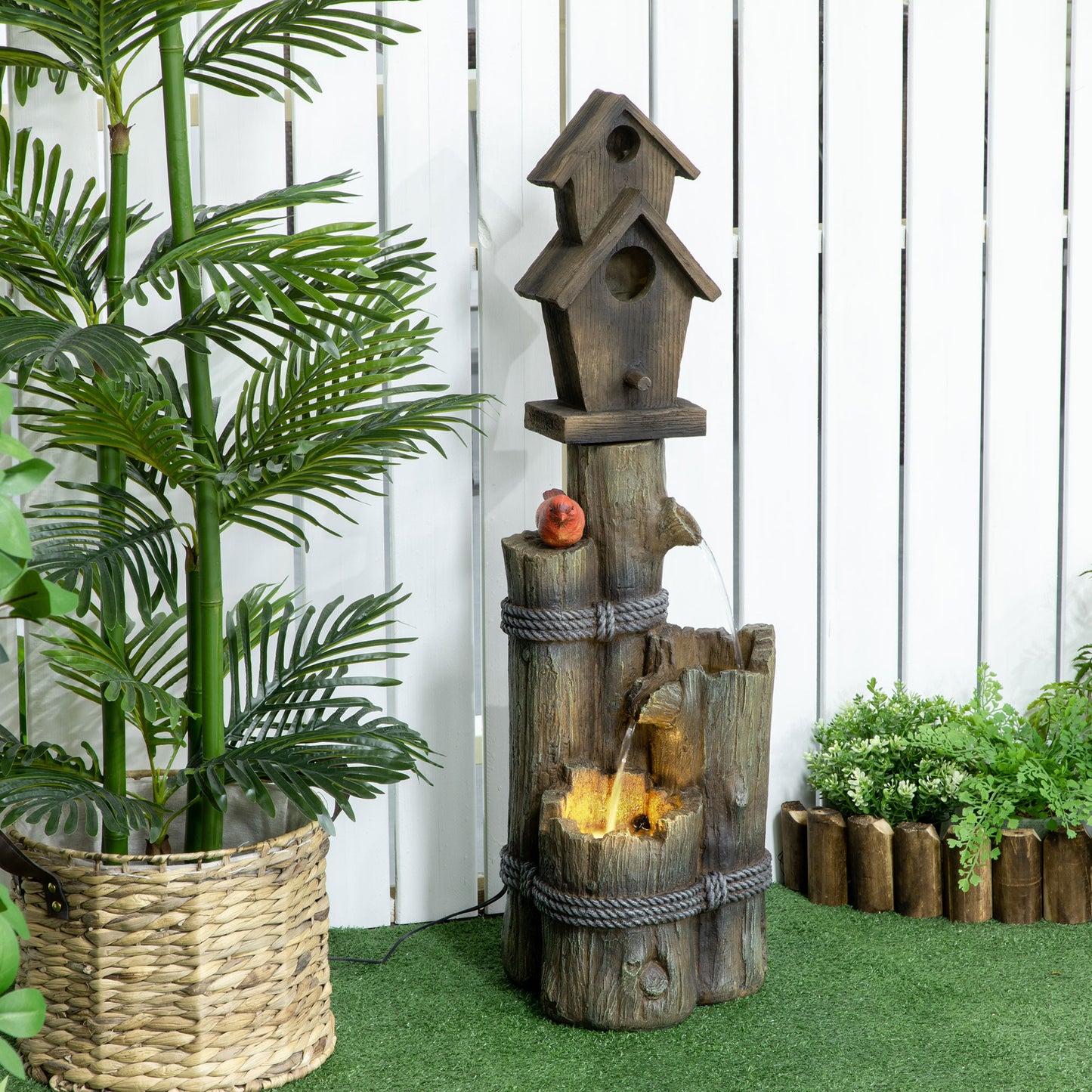 Cascading Bird Bath Fountain with Birdhouse - Garden Waterfall