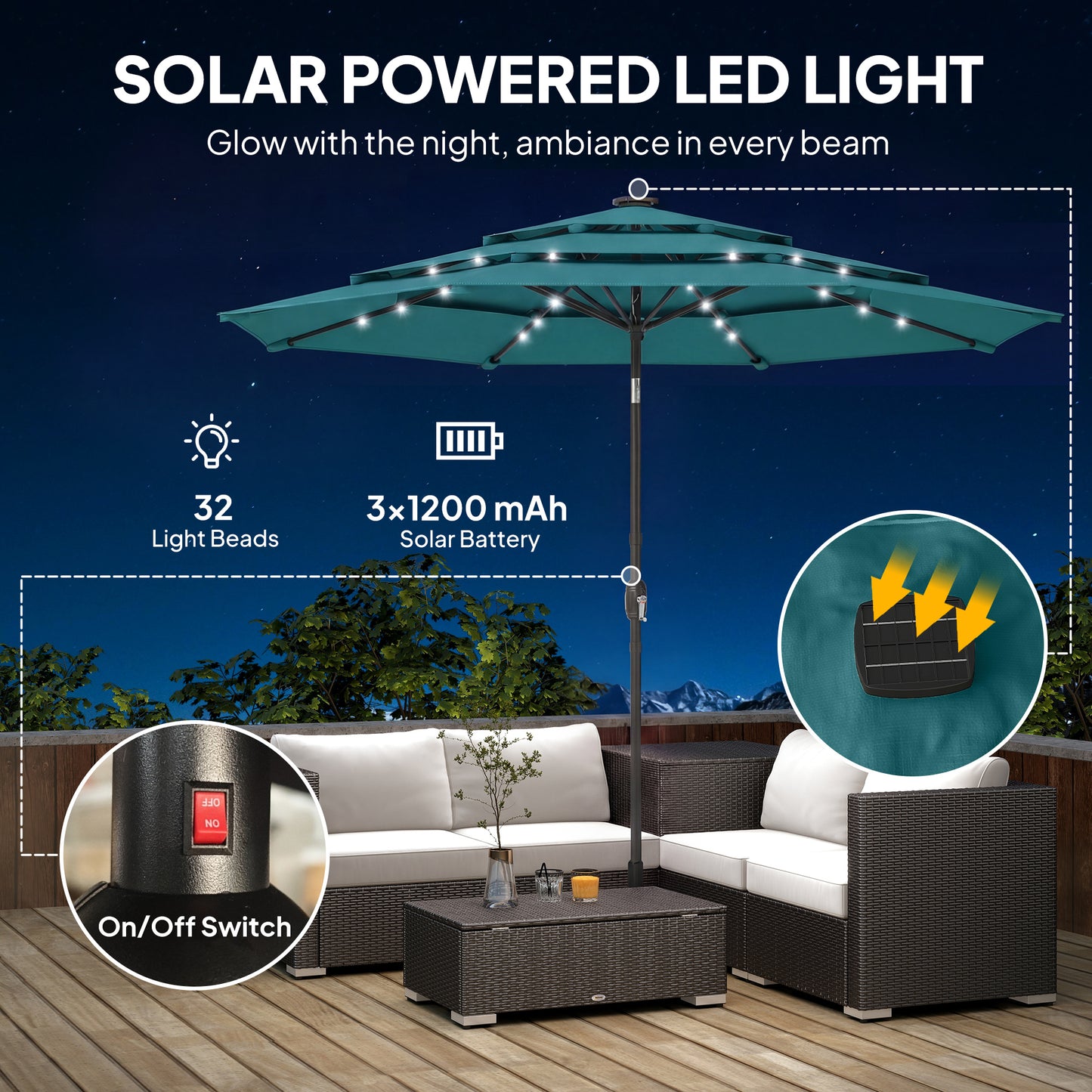 3-Tier Patio Umbrella 9.7ft - Outdoor with Solar LED Lights