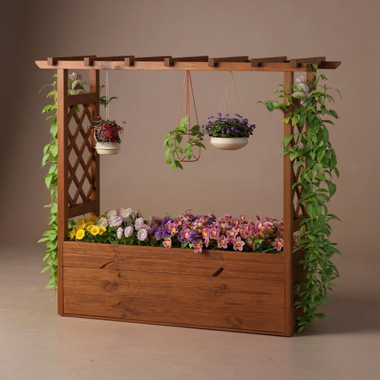 Natural Pine Wood Raised Garden Bed - Solid Wood with Trellis