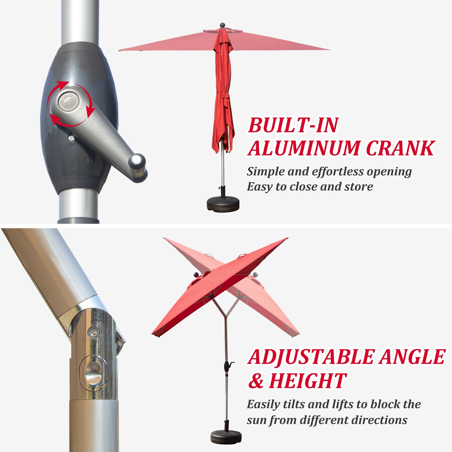 Rectangular Patio Umbrella - Crank Lift & Tilt, Brick Red