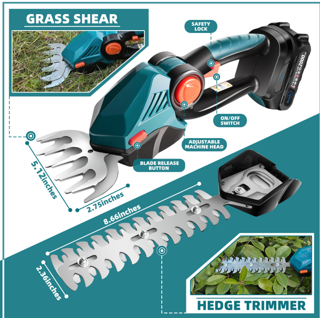 2-in-1 Cordless Hedge Trimmer & Grass Shears - 21V Electric
