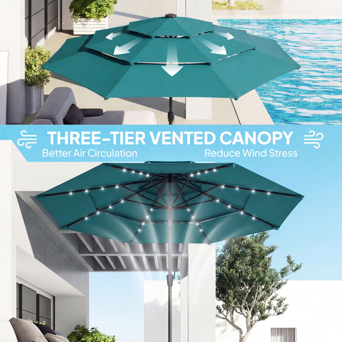 3-Tier Patio Umbrella 9.7ft - Outdoor with Solar LED Lights