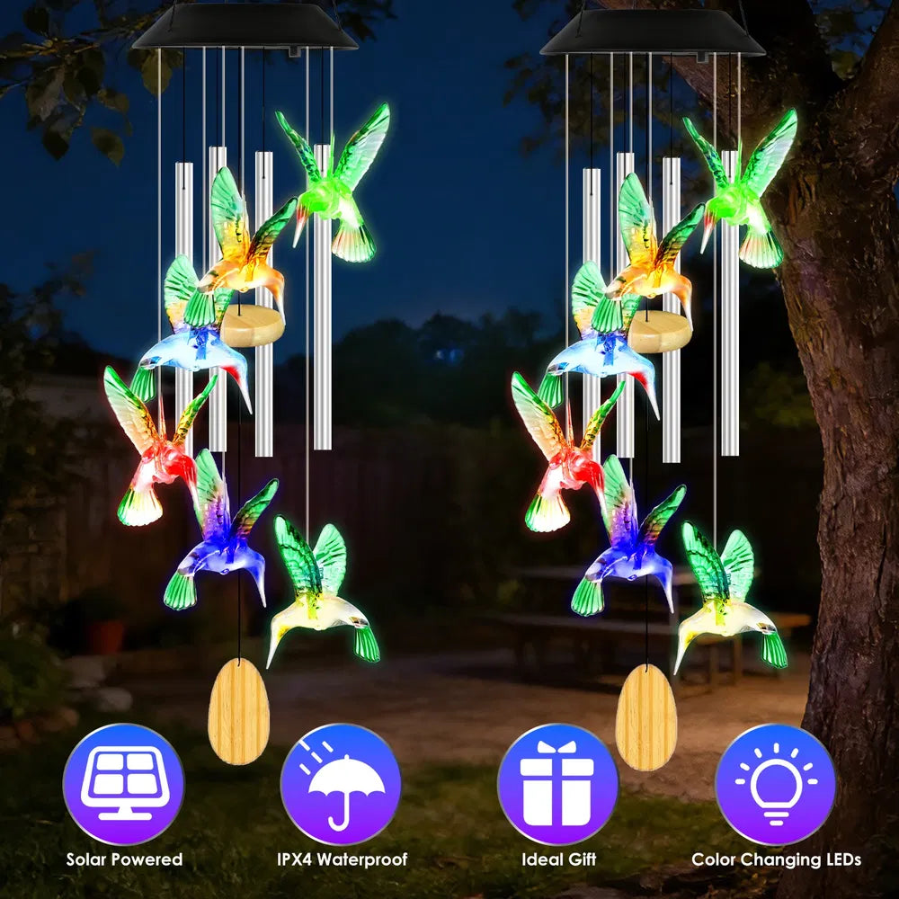 Solar Hummingbird Wind Chime - Color-Changing LED, Aluminum Tubes
