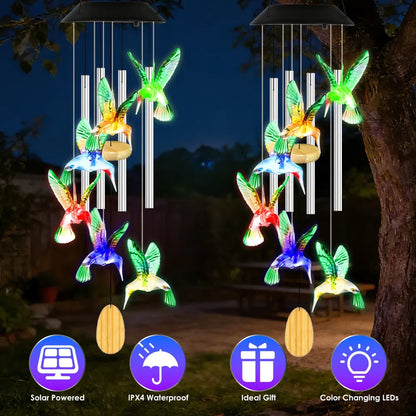 Solar Hummingbird Wind Chime - Color-Changing LED, Aluminum Tubes