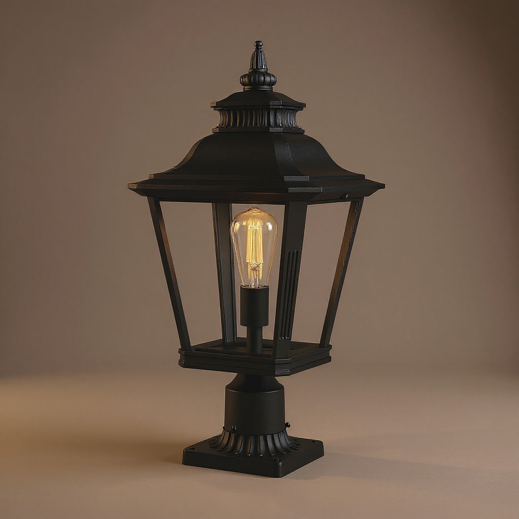 Outdoor Post Lantern 21in - Vintage Black Metal Pillar Light