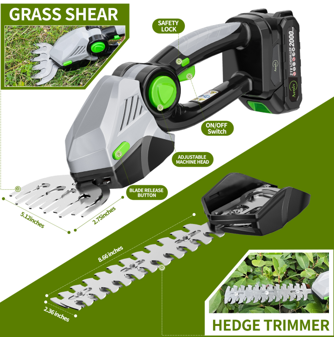 2-in-1 Cordless Hedge Trimmer & Grass Shears - 21V Electric