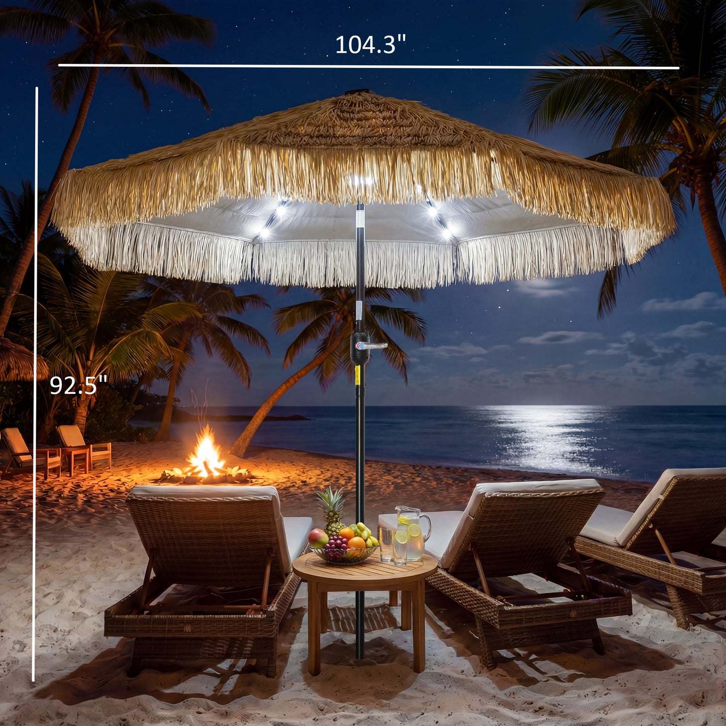 Tiki Patio Umbrella 9ft - Thatched with Solar LED Lights
