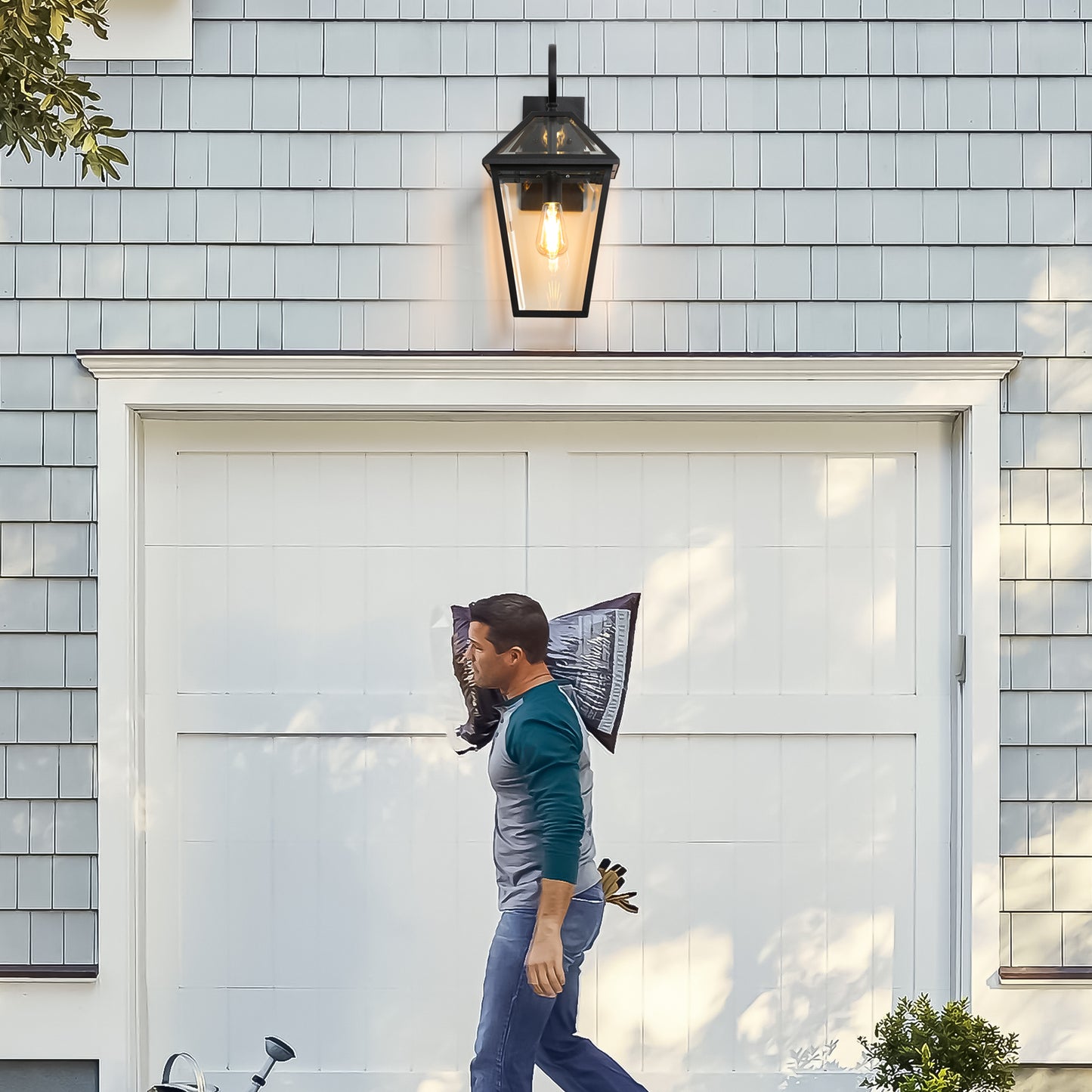 Modern Outdoor Wall Lantern 21in - Black Metal & Clear Glass Sconce