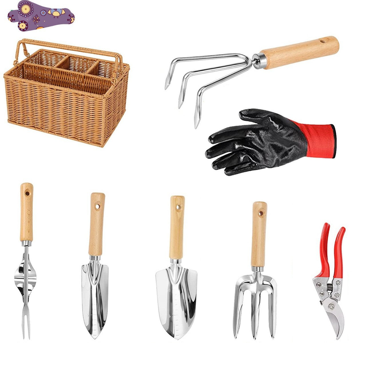 Garden Hand Tool Set - Stainless Steel Pruning Scissors & Hoe