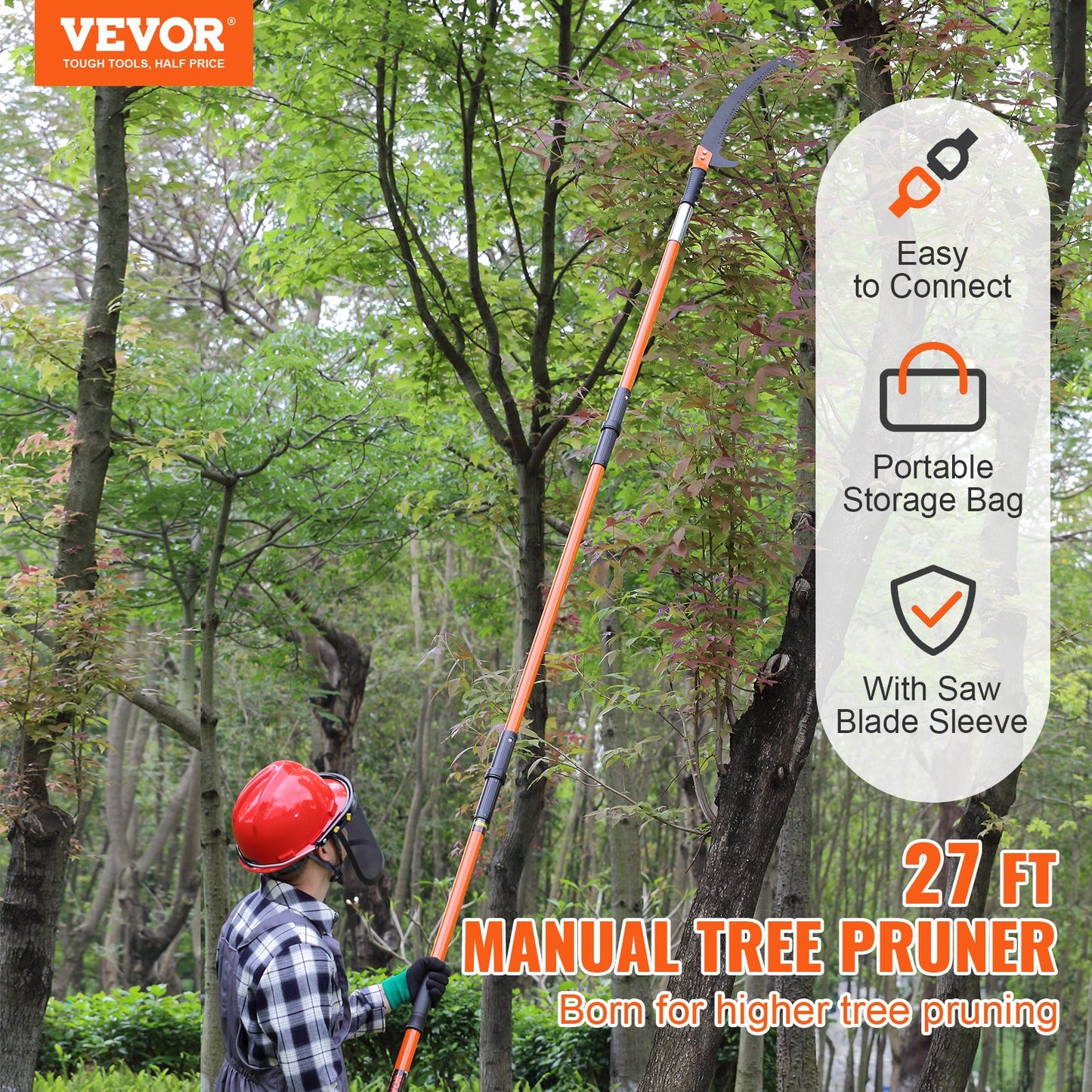 Manual Pole Saw - 7-27ft Extendable Tree Pruner, Sharp Steel Blade