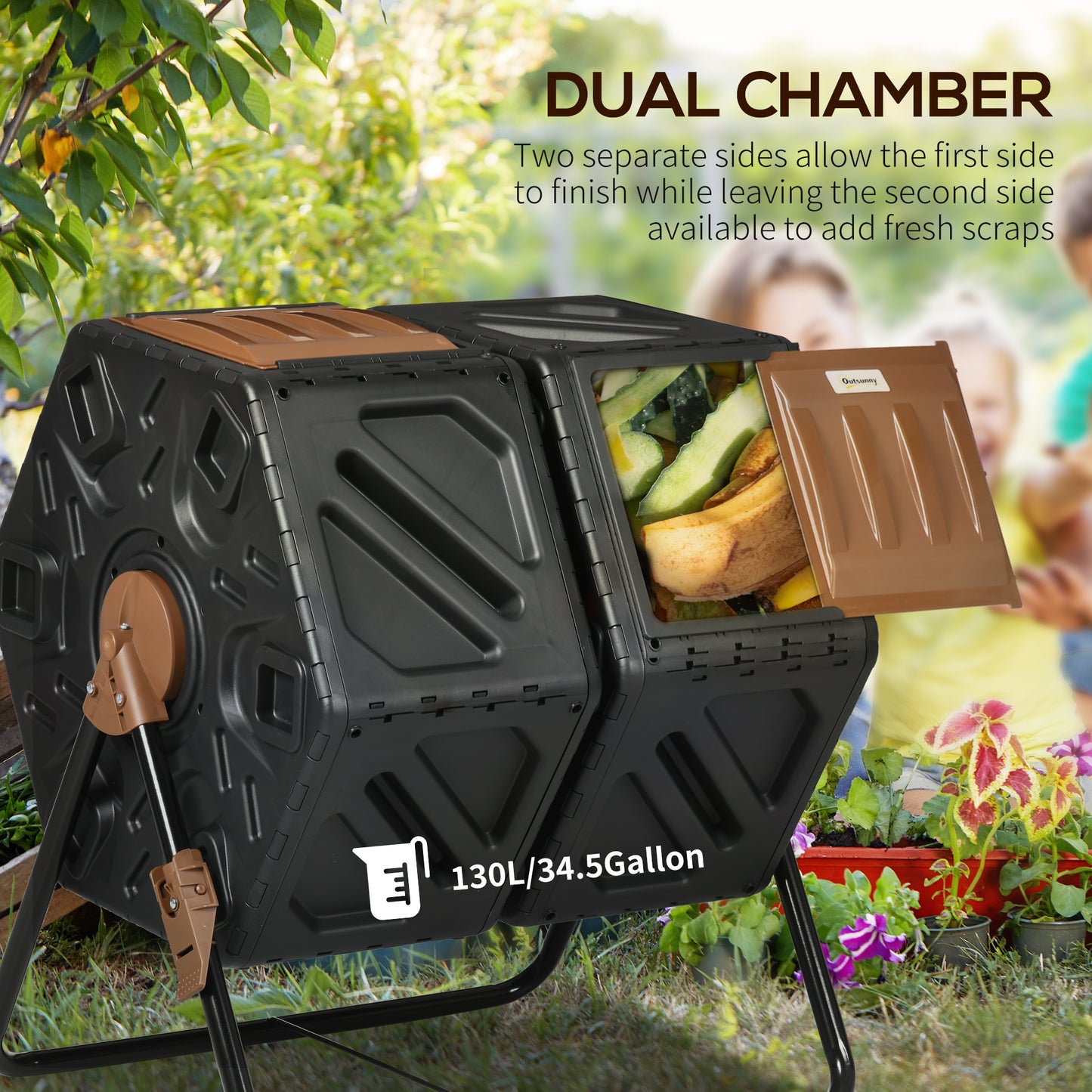Dual-Chamber Compost Tumbler - 24gal Outdoor Rotating Composter