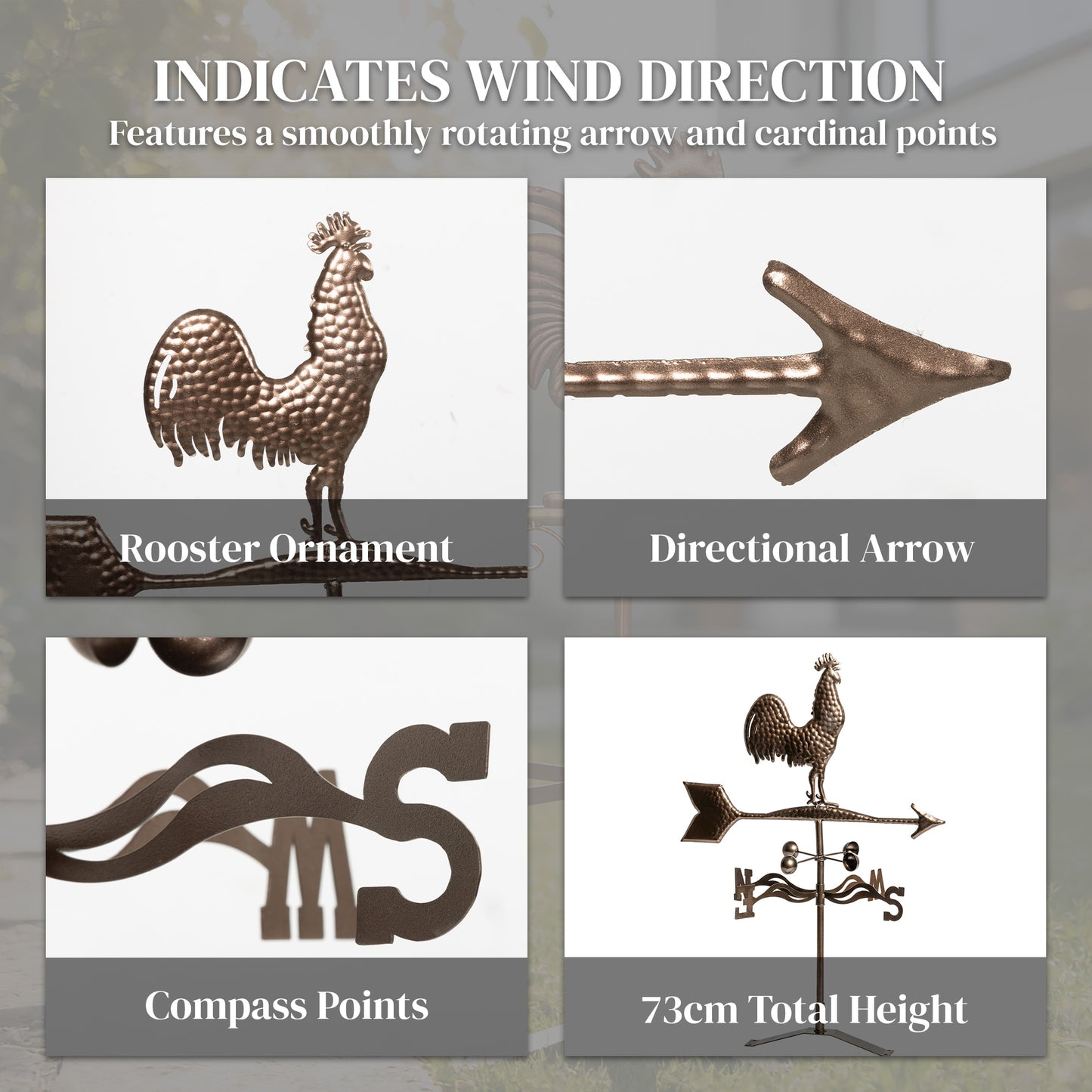 Metal Rooster Weathervane - Roof-Mount Wind Direction Indicator