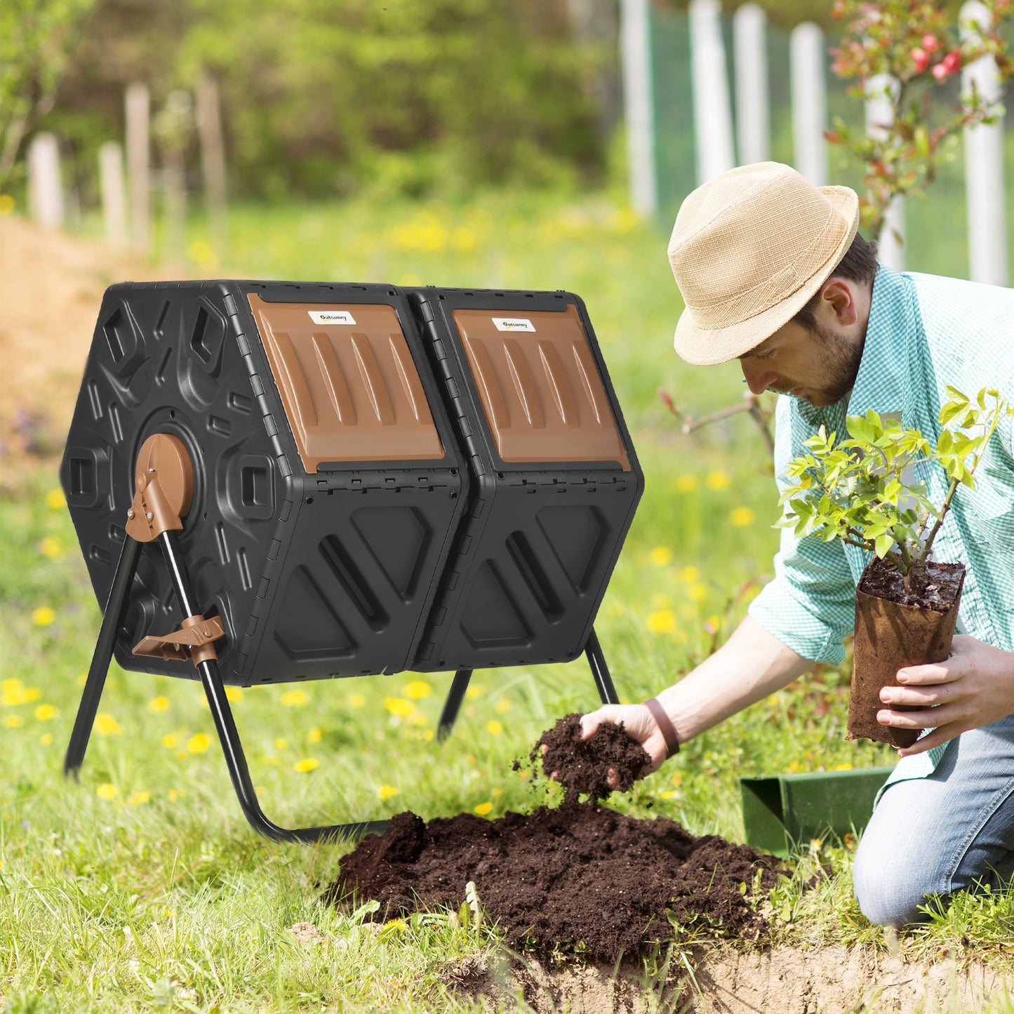 Dual-Chamber Compost Tumbler - 24gal Outdoor Rotating Composter