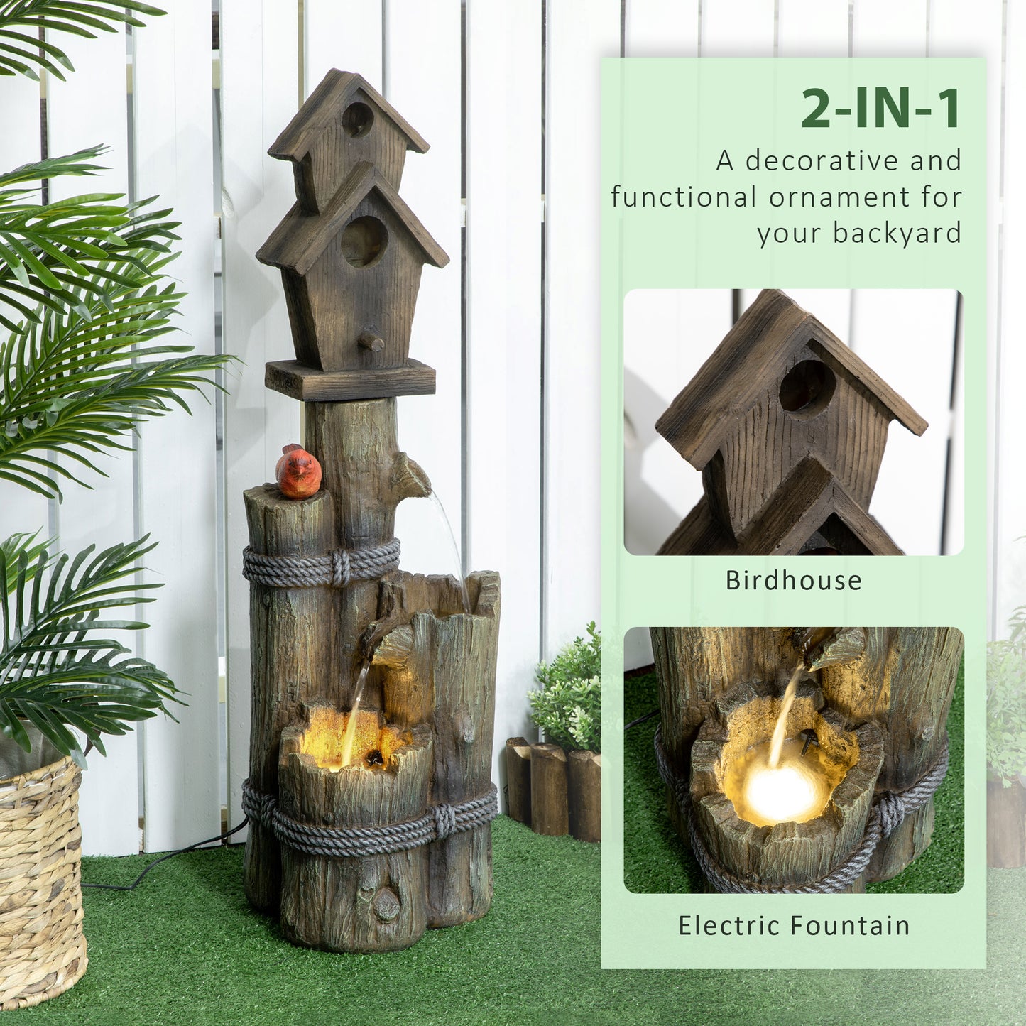Cascading Bird Bath Fountain with Birdhouse - Garden Waterfall