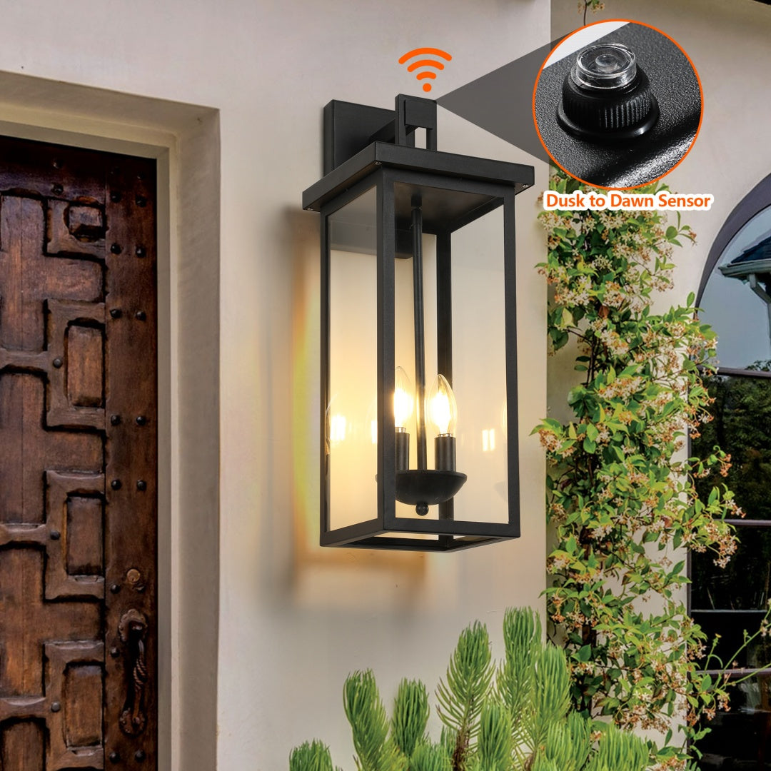 Outdoor Wall Lantern with Dusk-to-Dawn Sensor - Matte Black, 22in