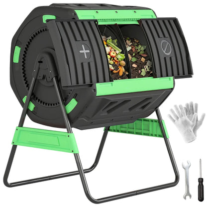 53 Gallon Dual-Chamber Compost Tumbler - Outdoor Rotating Composter