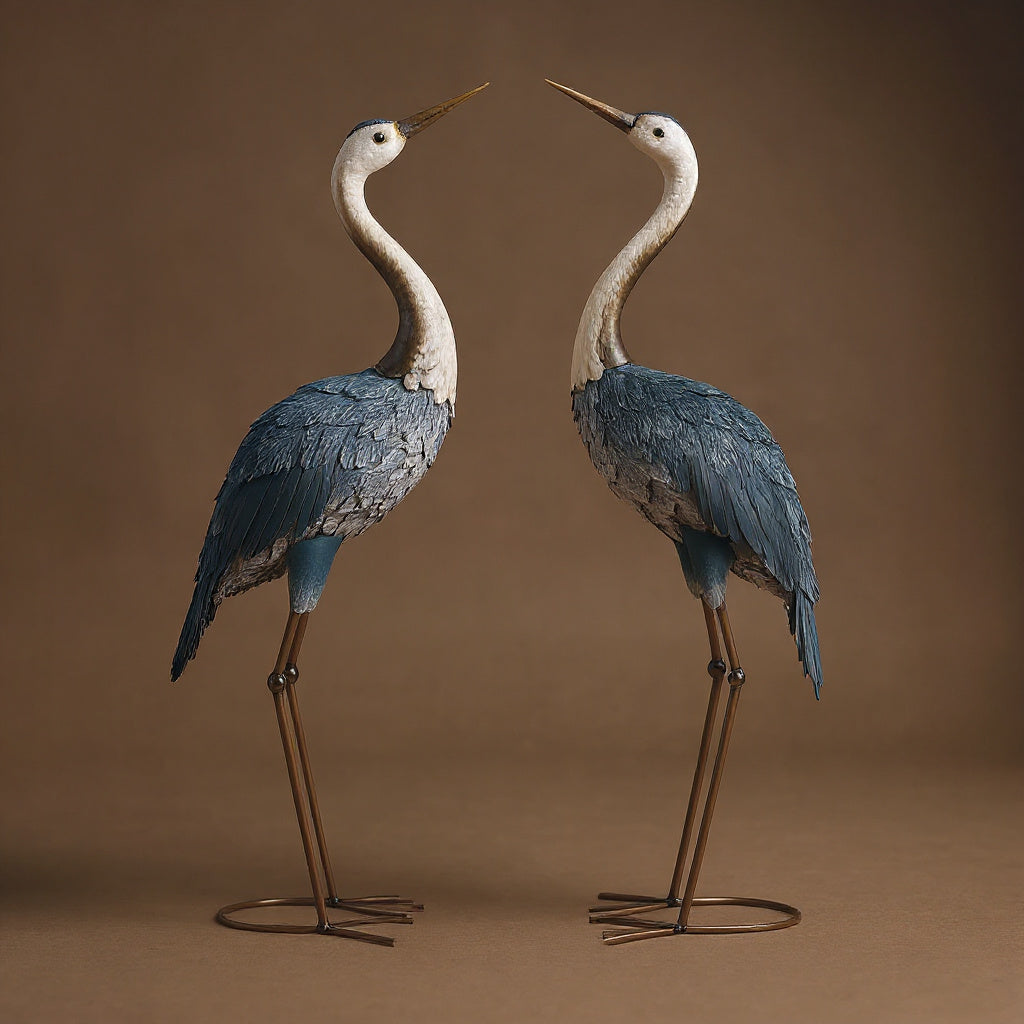 Crane Garden Statue Pair - 28.5in & 29in Metal Bird Sculptures