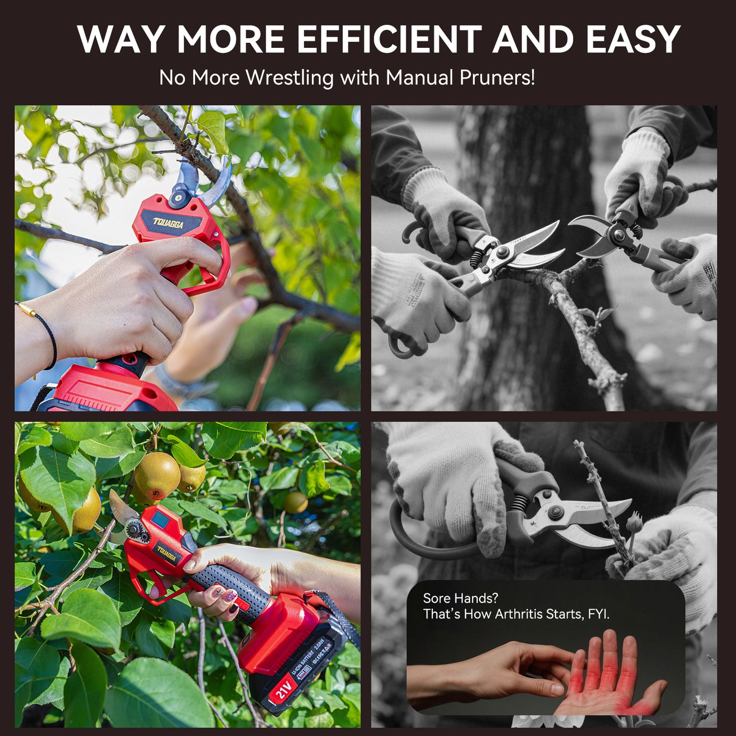 21V Cordless Pruning Shears - 28mm Cut, 2 Batteries, 68hr Runtime