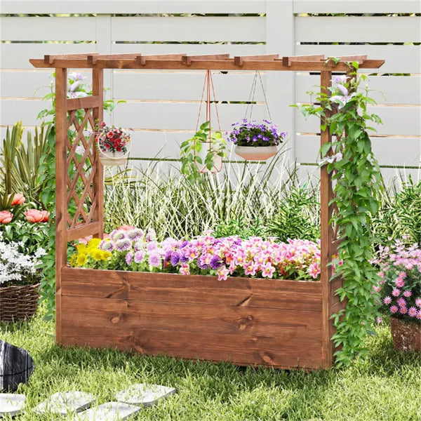 Natural Pine Wood Raised Garden Bed - Solid Wood with Trellis