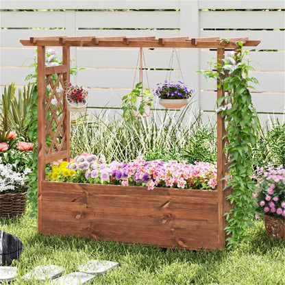 Natural Pine Wood Raised Garden Bed - Solid Wood with Trellis
