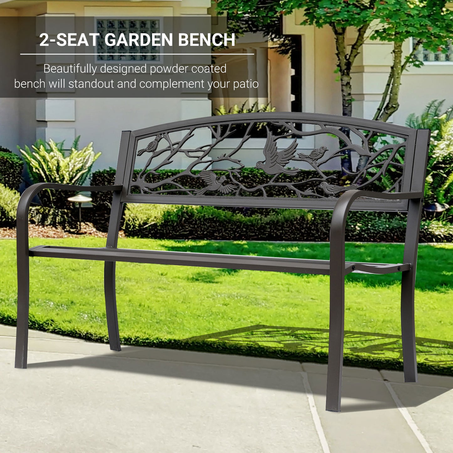 Cast Iron Garden Bench 50in - Vintage Bird Pattern, Brown Finish