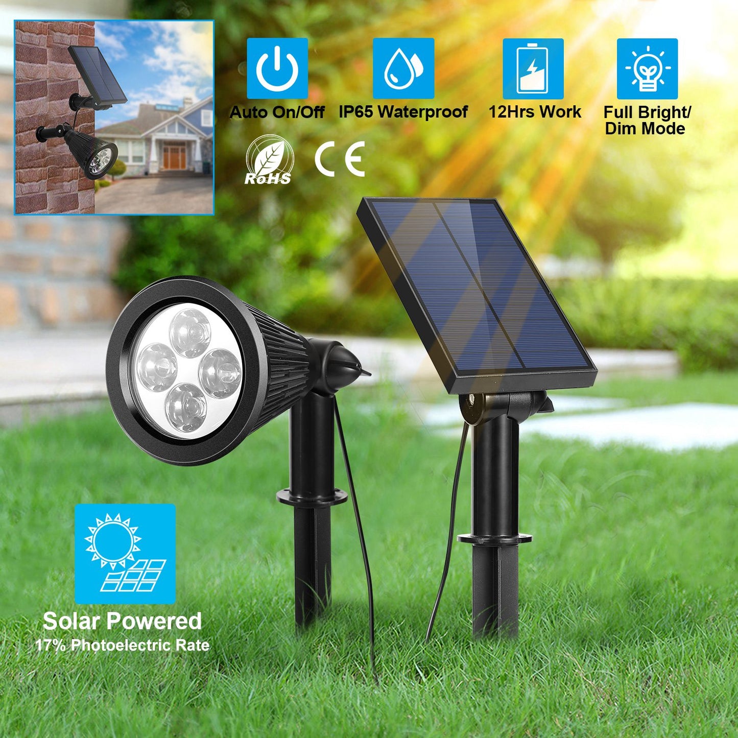 Solar Wall Spotlight - IP65 Waterproof Dusk-to-Dawn Outdoor