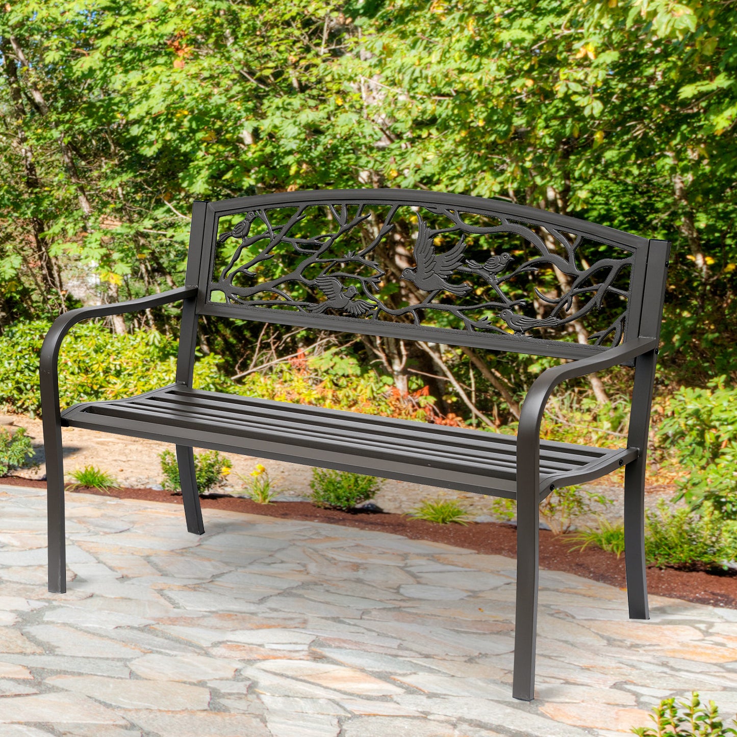 Cast Iron Garden Bench 50in - Vintage Bird Pattern, Brown Finish