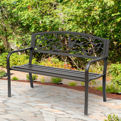 Cast Iron Garden Bench 50in - Vintage Bird Pattern, Brown Finish