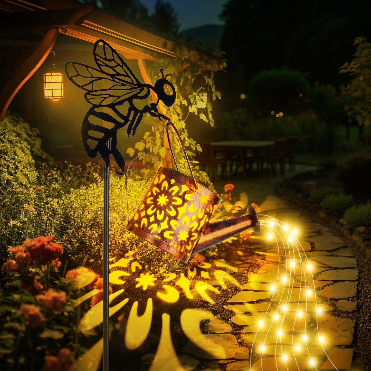 Solar Flower Watering Can Lights - Metal Garden Ornamental