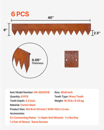 Corten Steel Landscape Edging 6-Pack - 40x6in Metal Garden Border