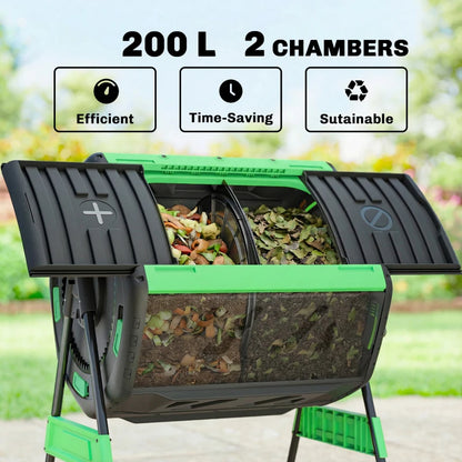 53 Gallon Dual-Chamber Compost Tumbler - Outdoor Rotating Composter
