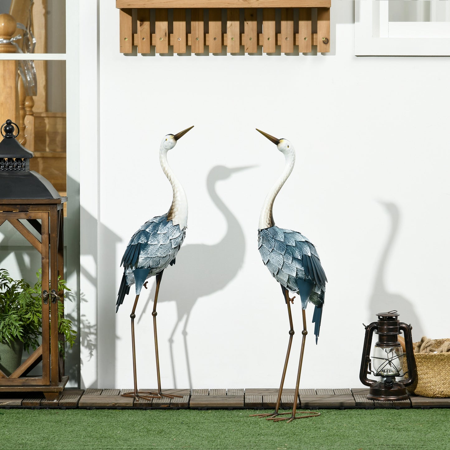 Crane Garden Statue Pair - 28.5in & 29in Metal Bird Sculptures