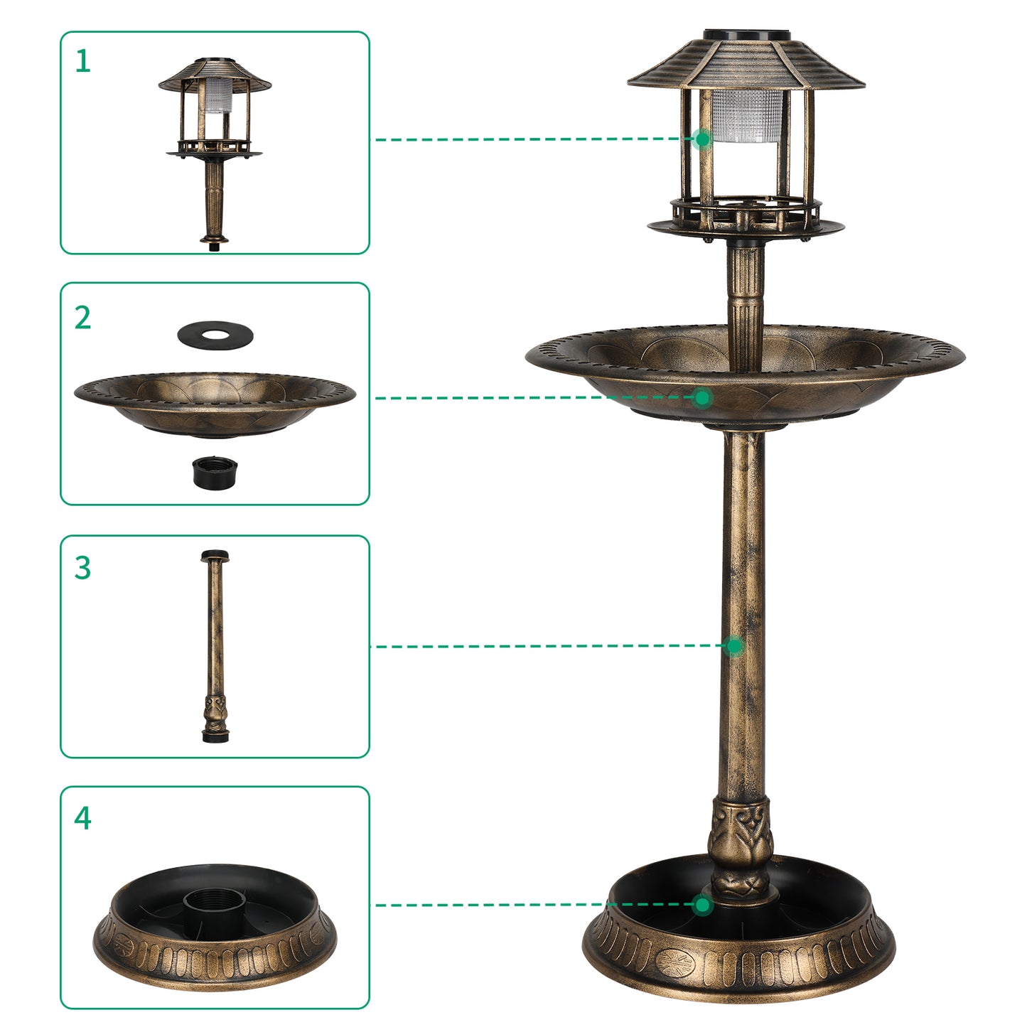 Solar Bird Bath with Light - Bronze Plastic Round Garden Decor