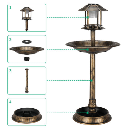 Solar Bird Bath with Light - Bronze Plastic Round Garden Decor