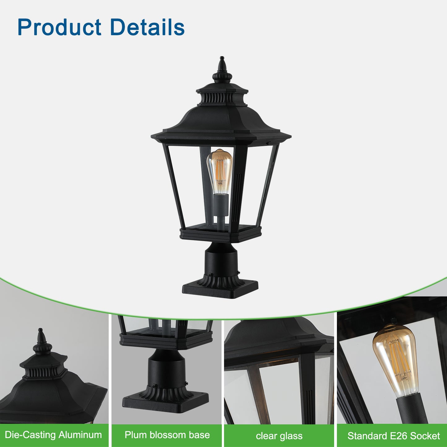 Outdoor Post Lantern 21in - Vintage Black Metal Pillar Light