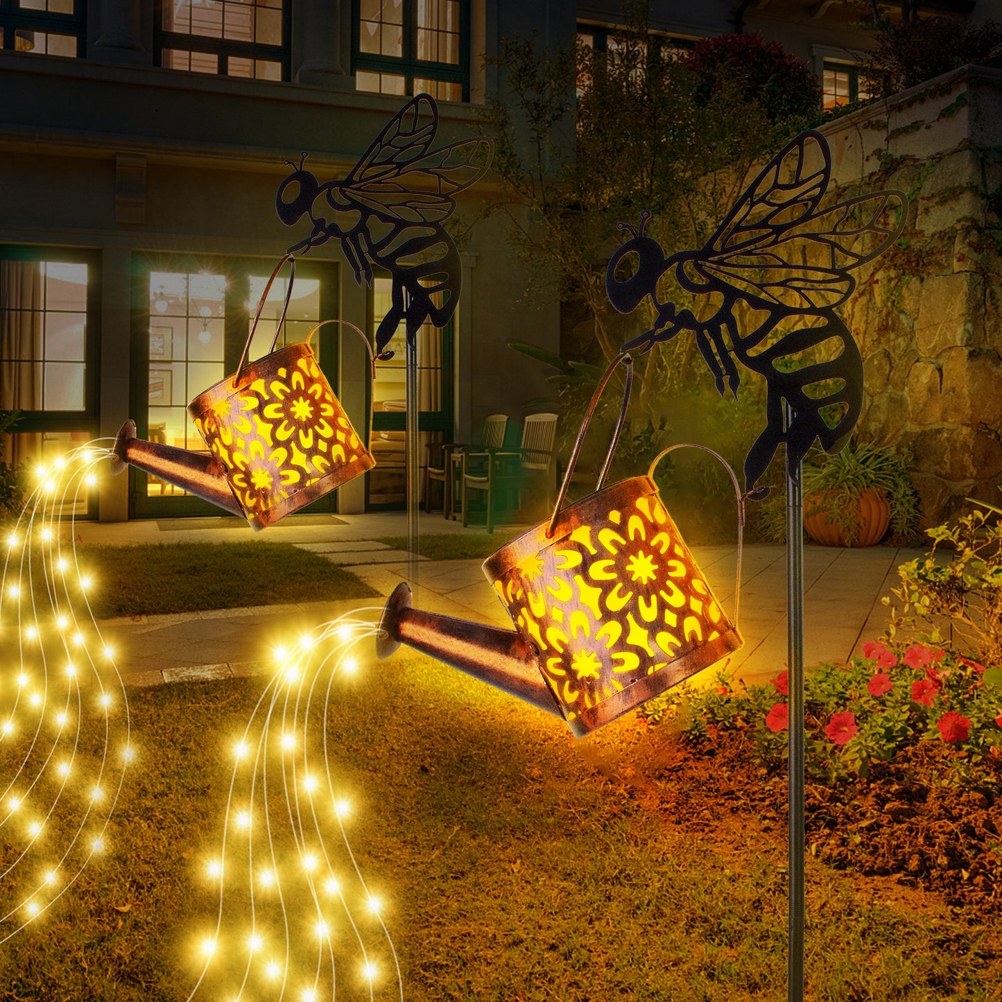 Solar Flower Watering Can Lights - Metal Garden Ornamental