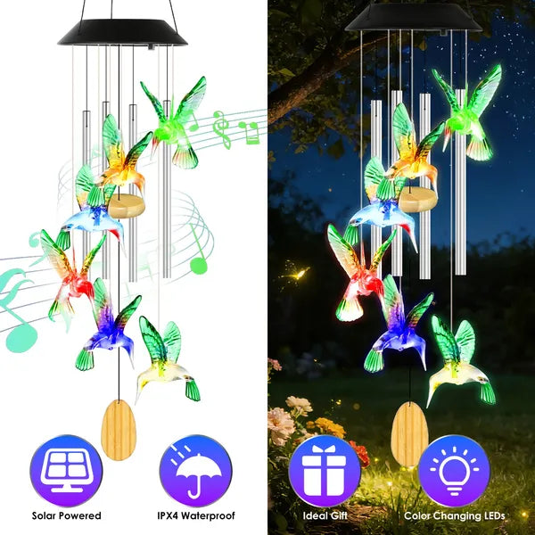 Solar Hummingbird Wind Chime - Color-Changing LED, Aluminum Tubes
