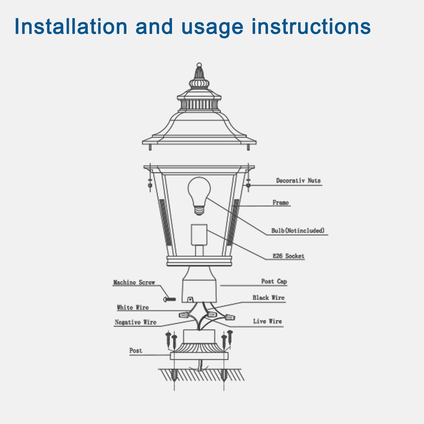 Outdoor Post Lantern 21in - Vintage Black Metal Pillar Light