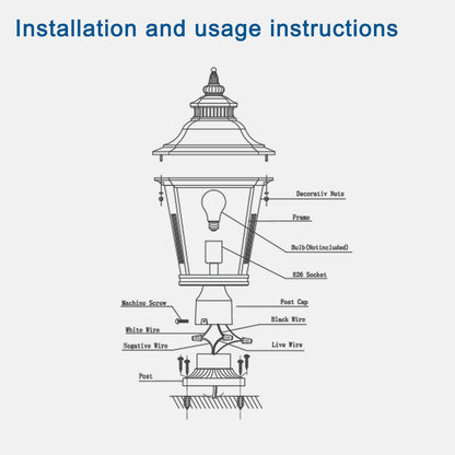 Outdoor Post Lantern 21in - Vintage Black Metal Pillar Light