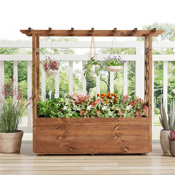 Natural Pine Wood Raised Garden Bed - Solid Wood with Trellis