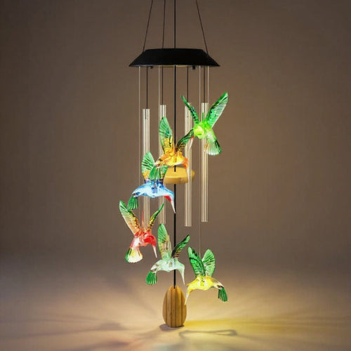 Solar Hummingbird Wind Chime - Color-Changing LED, Aluminum Tubes