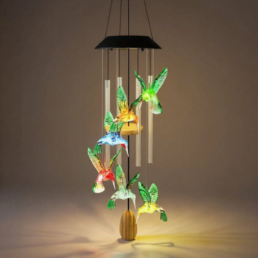 Solar Hummingbird Wind Chime - Color-Changing LED, Aluminum Tubes